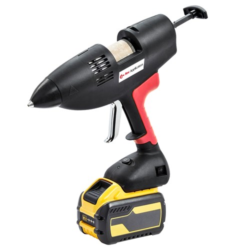 Cordless Casttec Glue Gun with a black and red ergonomic handle featuring TEC3508 logo and a detachable yellow Flexvolt battery at the base